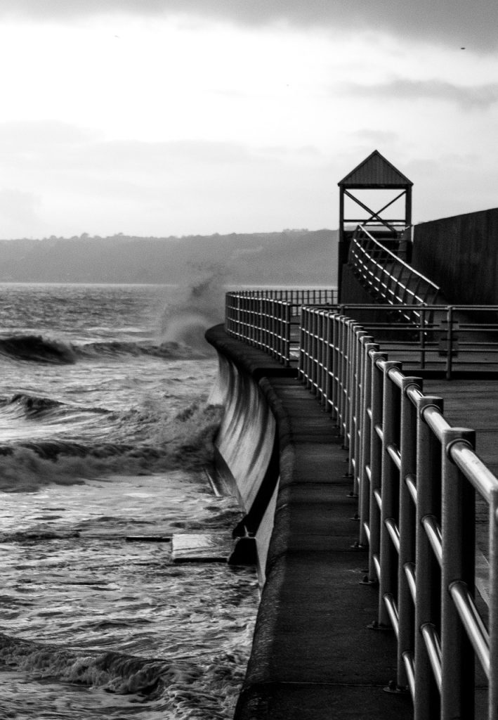 sea, seascape, seawall, beach, ocean, sky, blue sky, water, nature, travel, coast, wind, sand, blue, wave, clouds, shore, gray wave, gray sand, gray waves